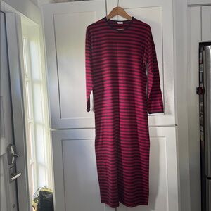 Marimekko Tasaraita VTG  Red and Blue Striped Long Sleeve Crew Neck Nightgown M